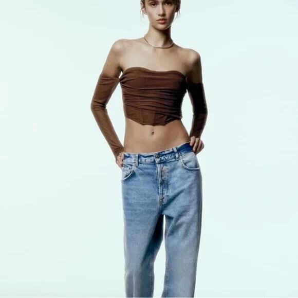 Zara Corset Top Womens Medium Brown Mesh Sheer Cropped Ruched Off Shoulder Y2K - Picture 3 of 12